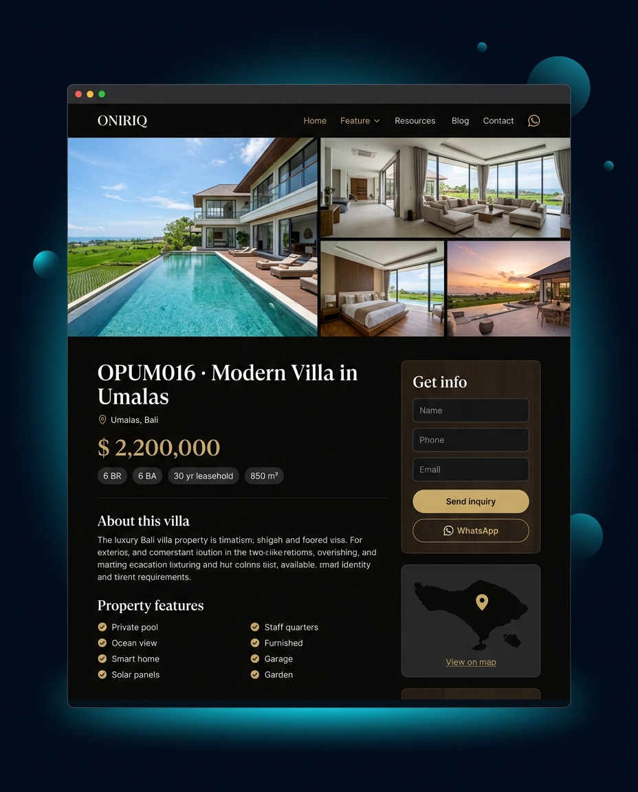 Bali Real Estate — property detail page с галереей виллы, ценой, features и inquiry-формой