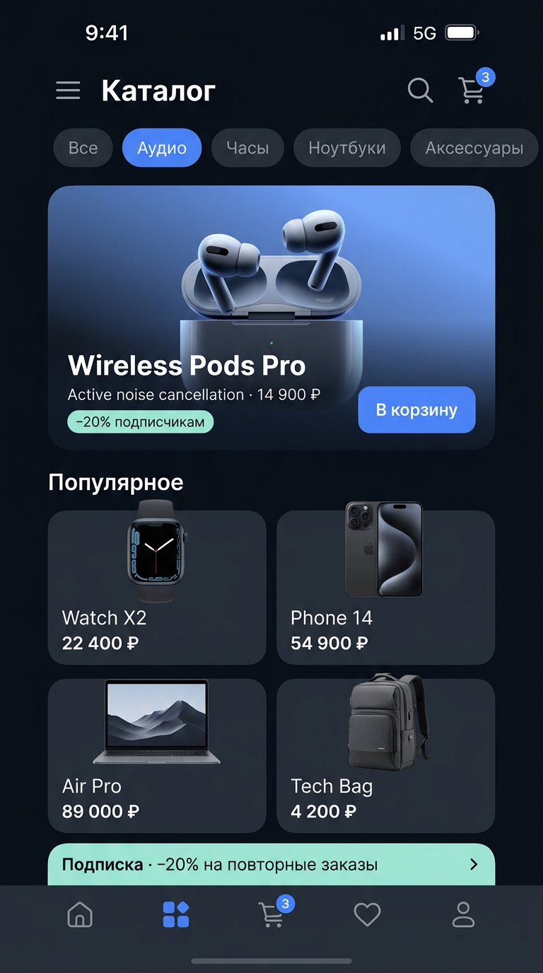 E-commerce витрина: каталог техники, hero-товар, фильтры, корзина