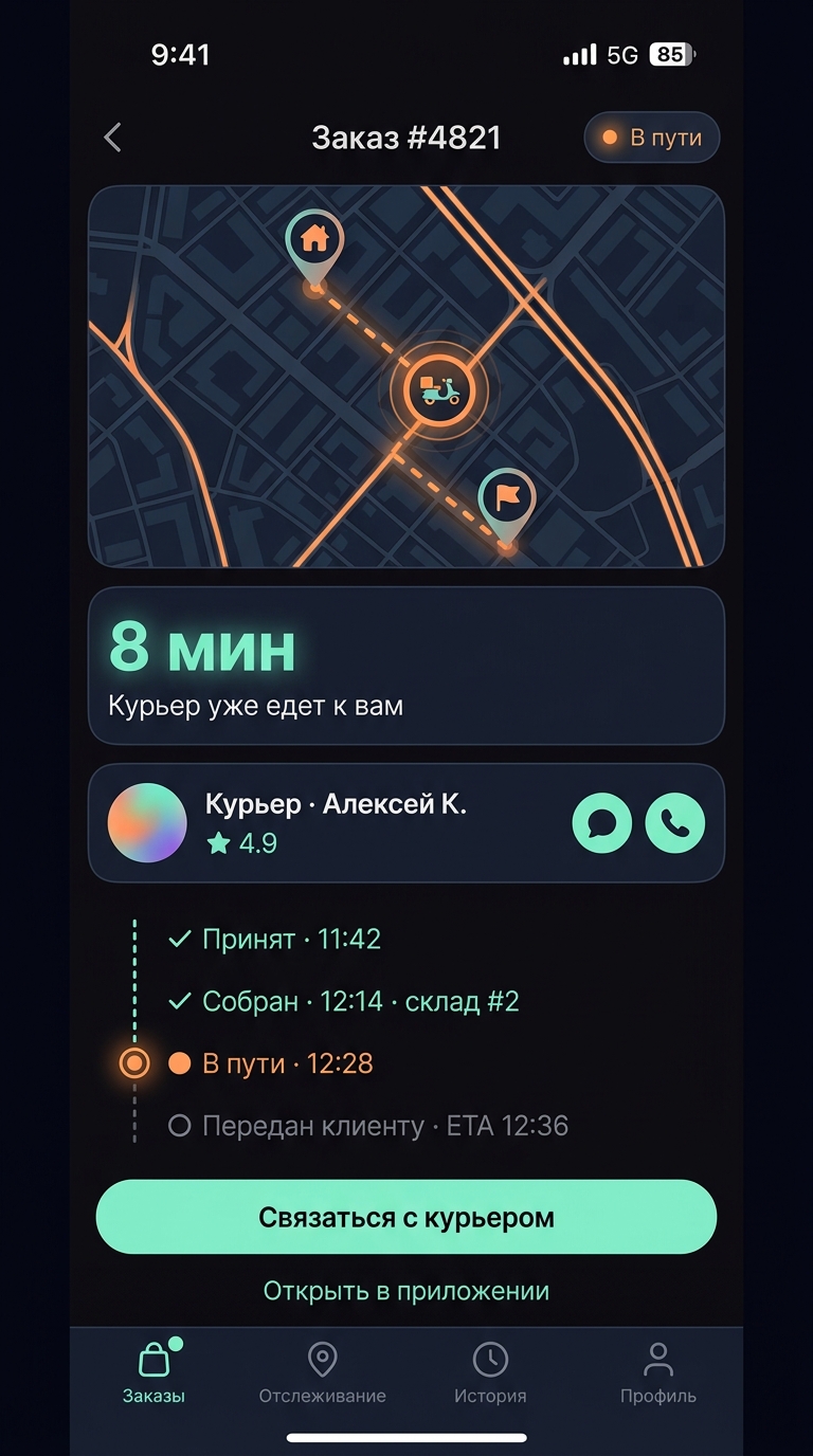 Live tracking доставки: карта с маршрутом, ETA, статусы курьера, таймлайн заказа