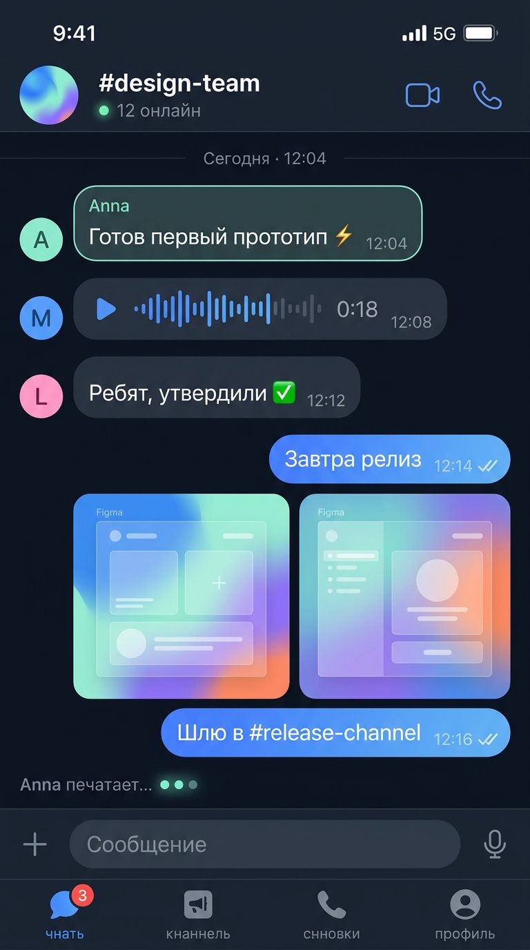 Мессенджер и комьюнити: групповой чат, голосовое сообщение, медиа-превью, типизация
