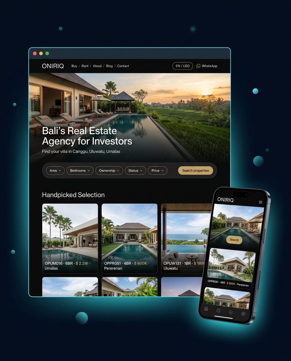 Real Estate Bali Rental App — desktop browser с luxury villa hero и filter bar (Area / Bedrooms / Ownership / Status / Price) + mobile screen с villa cards. Black/gold ONIRIQ-style палитра