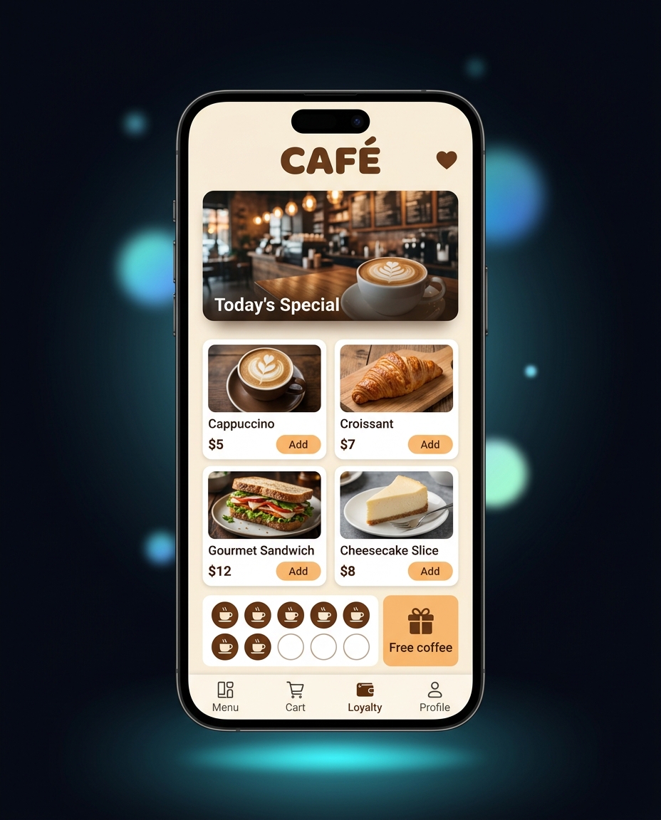 Тёплое cafe-приложение с кремово-оранжевой палитрой, меню и stamp-картой лояльности