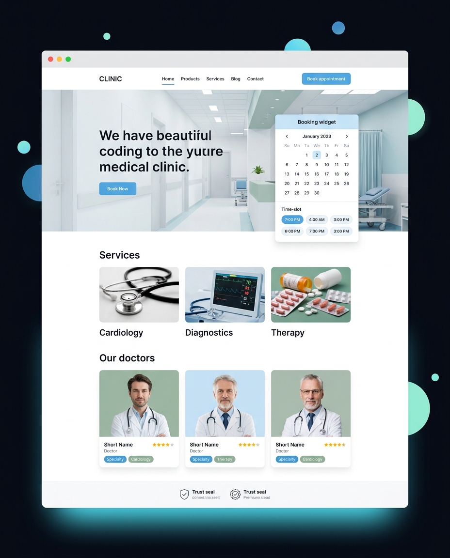 Светлый сайт клиники в healthcare-палитре white-blue-sage с виджетом онлайн-записи