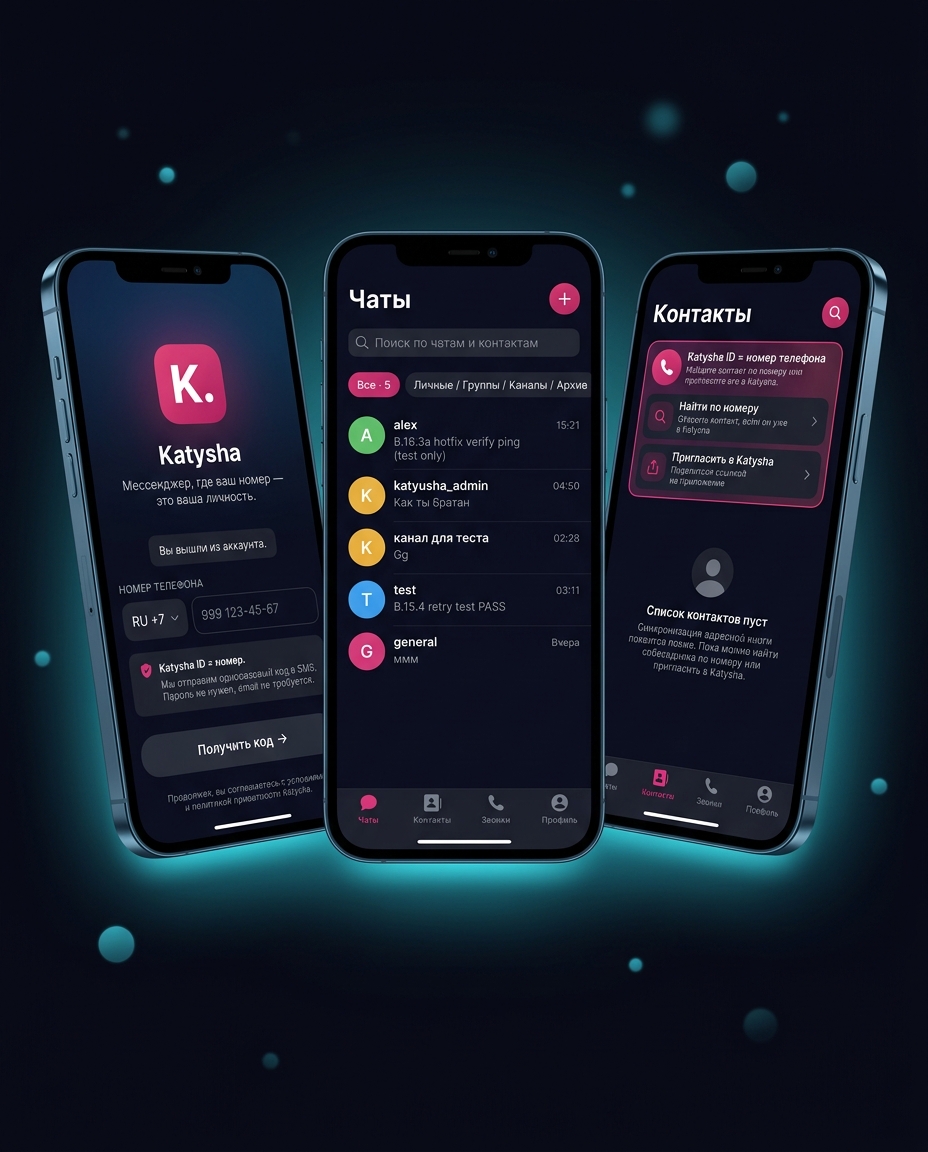 CRM Messenger — корпоративный мессенджер: 3 phone mockup'а с экранами Login / Чаты / Контакты в dark UI с magenta-pink акцентами