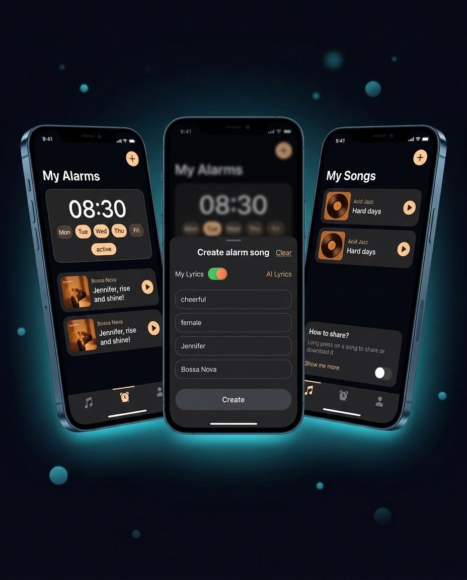 Syncopa Voice Studio — iOS-приложение «alarm that sings about you»: будильник в виде персональной песни, AI-генерация треков по тексту и стилю