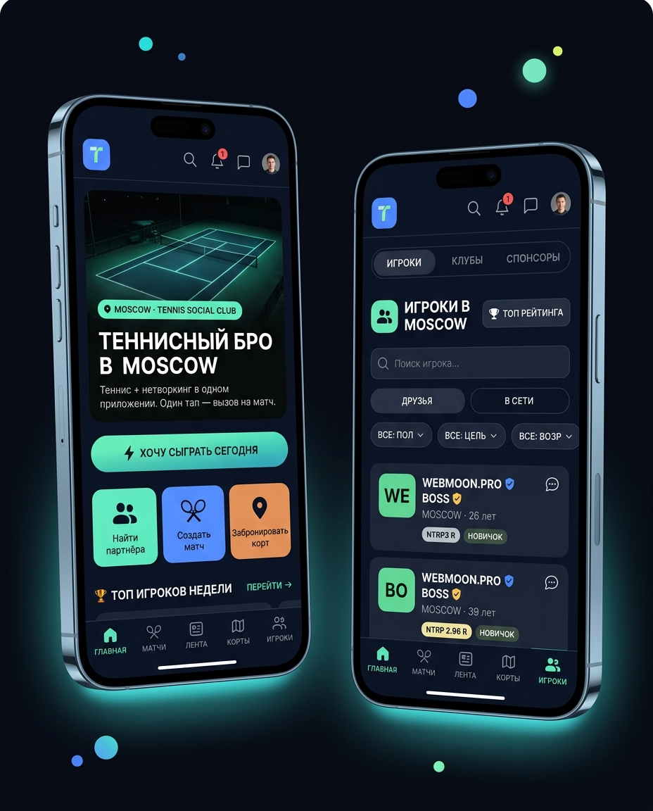 Скриншоты Tennis Social Club в мобильном mockup на фоне WebMoon — community feed игроков, NTRP-рейтинги, поиск партнёра