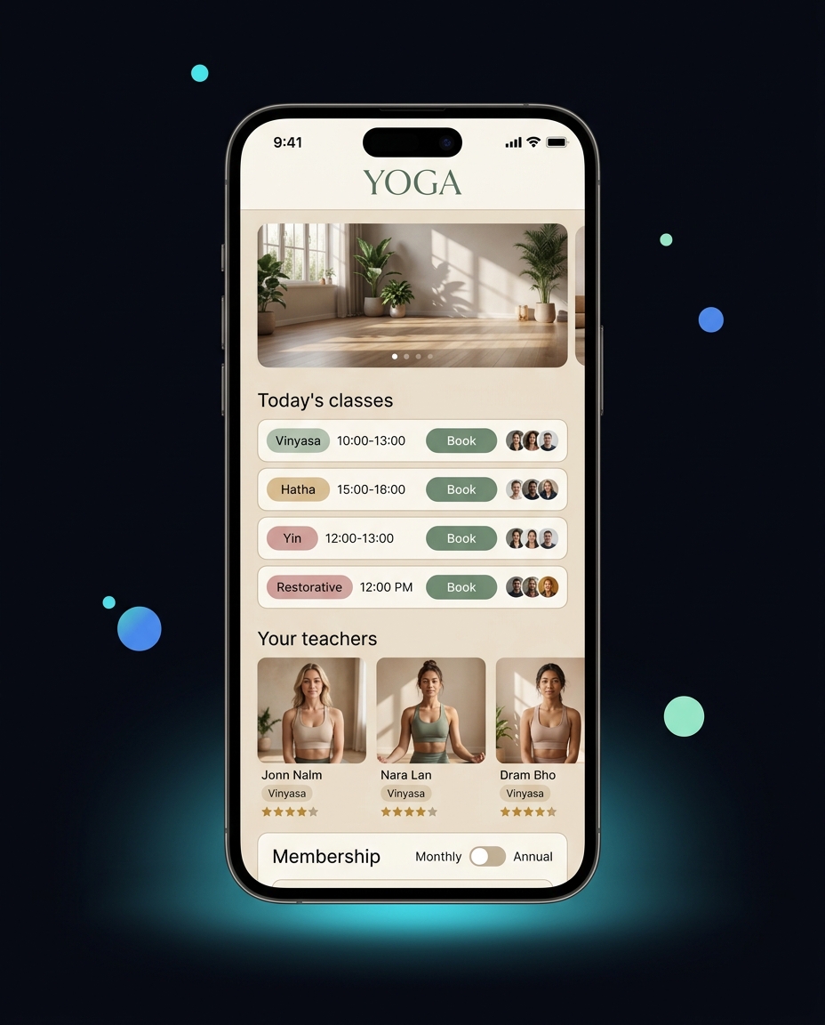 Wellness-приложение йога-школы с мягкой беж-сейдж палитрой и расписанием классов