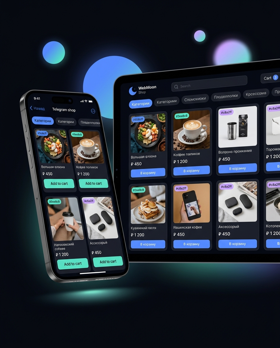 E-commerce и каталоги — Telegram mini-app и веб-каталог рядом: товары с фото, цены в рублях, корзина и кнопки «В корзину»