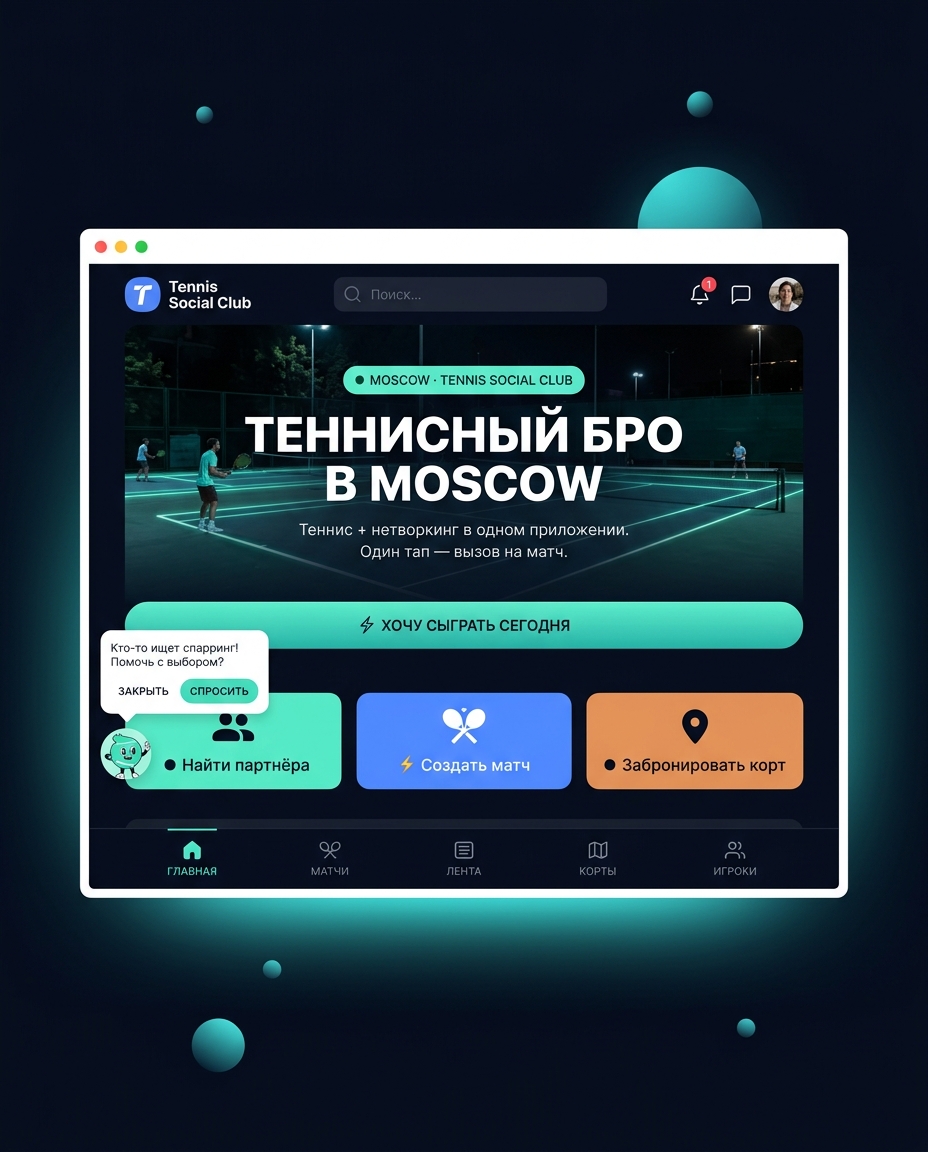 Tennis Social Club — desktop-версия с hero «Теннисный бро в Moscow» и mascot-помощником